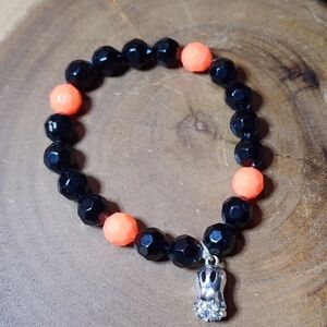 Halloween Stretch Bracelet with Silver Toned Rhinestone Ghost Charm